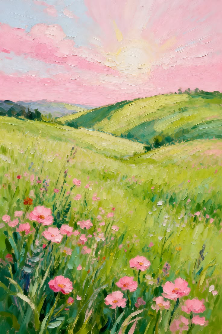 Pastel painting of a green meadow of pink wildflowers beneath a soft pink sunrise