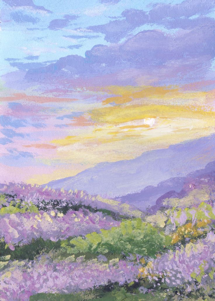 Pastel painting of a sunset over hills covered in blossoming wildflowers